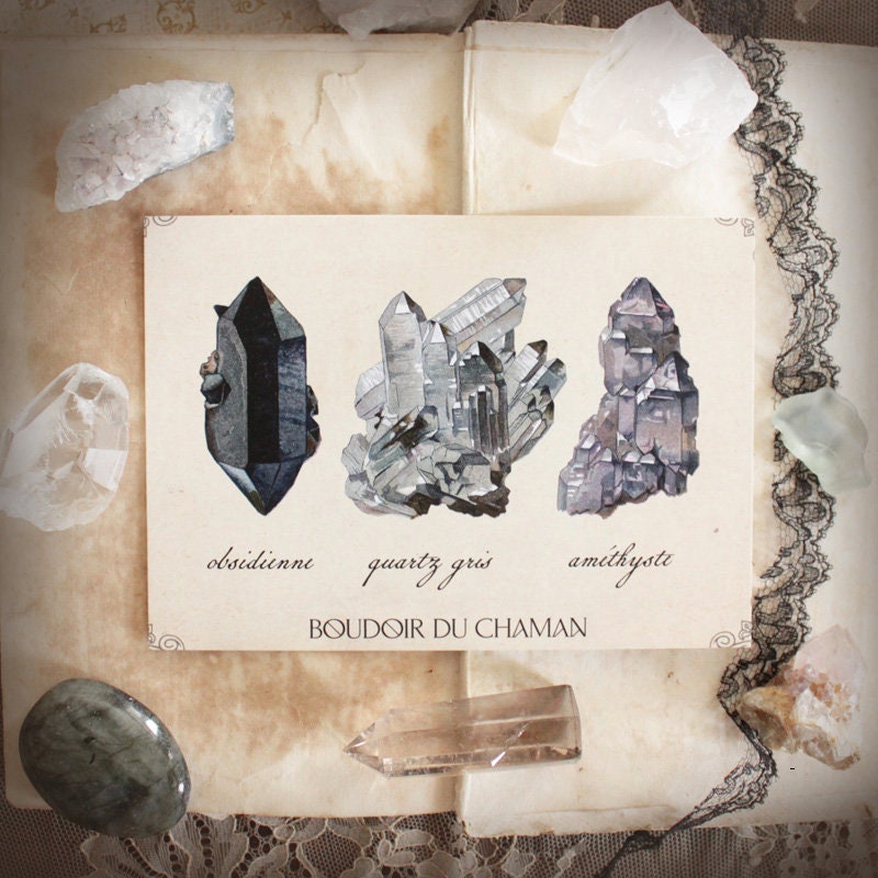Minerais – Obsidiana. ilustração de cartão impresso ametista e quartzo do século XIX vintage litoterapia decoração magia de bruxaria.