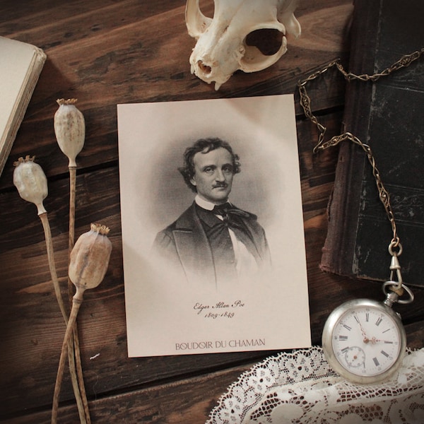 Edgar Poe. carte imprimée portrait du 19ème décoration romantique gothique vintage .