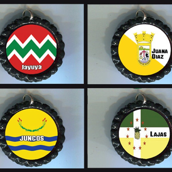 Handmade Bottle cap necklace flag designs from Jayuya, Juana Diaz, Juncos,  and Lajas Puerto Rico