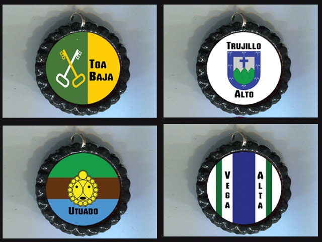 and Maunabo Puerto Rico Maricao Manati Handmade Bottle cap necklace flag designs from Luquillo