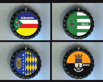 Handmade Bottle cap necklace flag designs from Aibonito,Anasco,Arecibo and Arroyo Puerto RicoBottle cap necklace