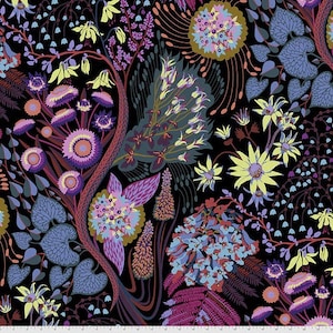 Könnte beinhalten: Ein schwarzer Hintergrund mit einem bunten Blumenmuster. Die Blumen sind in Schattierungen von Lila, Rosa, Blau, Gelb und Grün. Das Muster ist kompliziert und detailliert, mit einer Vielzahl von verschiedenen Blumenformen und -größen.