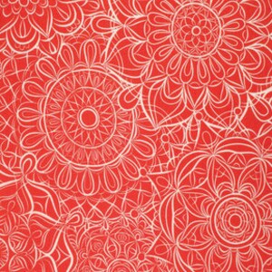 Könnte beinhalten: Roter Hintergrund mit einem weißen, komplizierten Blumenmuster. Das Muster zeigt sich mit überlappenden Kreisen und Spiralen.