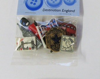 Dress it up Buttons 1 Packung Knöpfe Destination England Dekoknöpfe Big Ben London Towerbridge Bus  Kinderknöpfe Reisen Großbritannien