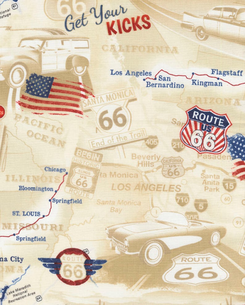Timeless Treasures Stoff flag natural map route 66 road trip Stoff landkarte 0,5 m reine Baumwolle scenic route USA image 1