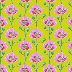 Könnte beinhalten: Ein nahtloses Muster mit rosa Mohnblumen mit türkisfarbenen Zentren auf einem leuchtend gelben Hintergrund. Die Blumen sind stilisiert und haben einen verspielten Charakter.