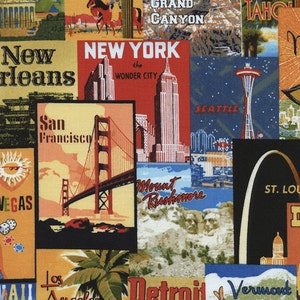 Timeless Treasures fabrics Stoff Postkarten Urlaub Städte Reisen Vintage City Boxes postcard patch travel 0,5 m reine Baumwolle