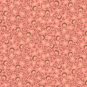 Könnte beinhalten: Ein nahtloses Muster mit einem sich wiederholenden Design aus braunen Ranken mit roten Beeren und kleinen gelben Blättern auf einem hellrosa Hintergrund.