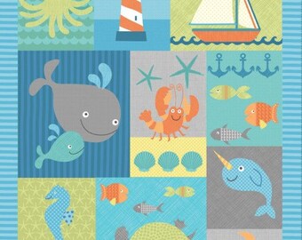 Timeless Treasures Stoff See Wale Kinder blau Meer Ozean Wasser aqua fun jade panel  reine Baumwoll