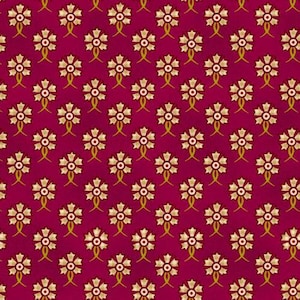 Könnte beinhalten: Ein nahtloses Muster aus goldenen floralen Designs auf einem tief roten Hintergrund. Das Muster zeigt stilisierte Blumen mit fünf Blütenblättern und einem zentralen Kreis.