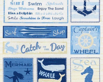 Timeless Treasures Stoff See Wale Kinder blau Meer Ozean Wasser Küste Deko retro panel  reine Baumwoll