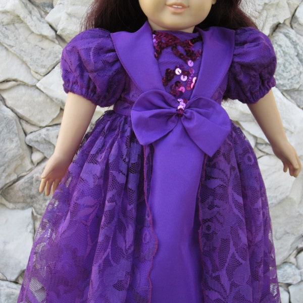 Red-violet taffeta and lace gown for an 18" doll.
