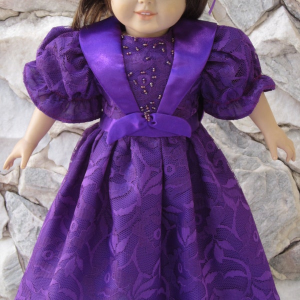 Dark magenta overall lace gown with a satin shawl collar for an 18" doll.