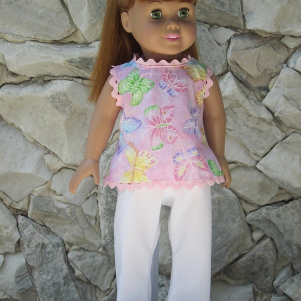 2-piece summer pant outfit, white jersey pants and  a sleeveless top with colorful butterflies on pink,  for an 18" doll.