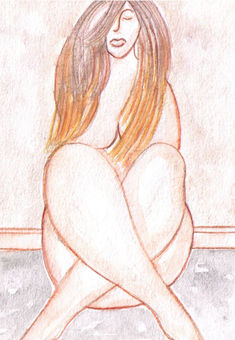 Naked Woman Body Watercolor Original Art Nude Painting Beige