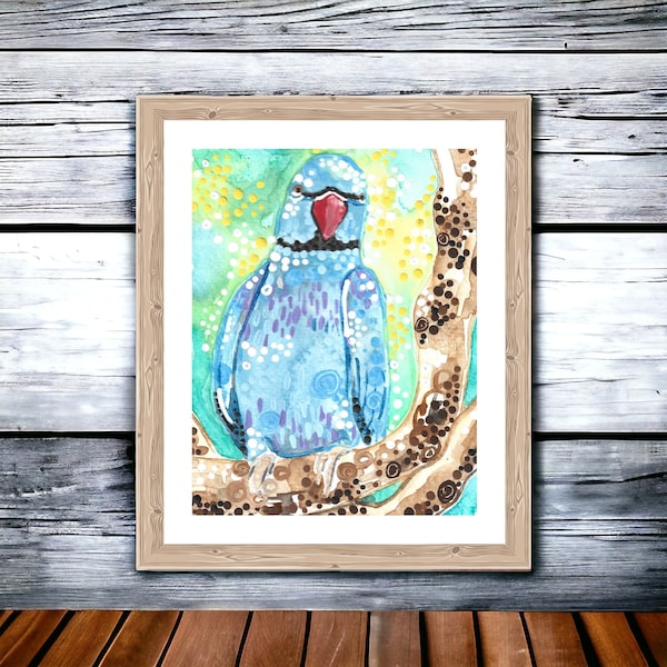 RINGNECK PARROT ART - Original Painting 5x7" - "Blue Indian Ringneck Parakeet" - Watercolors, Gouache, Acrylics - Bird Artwork Etsy.com
