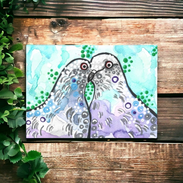 PIGEON ART - Original Painting 5x7" - "Two Bonded Rock Doves" - Watercolors, Gouache, Acrylics - Gray Rock Pigeon Bird Artwork Etsy.com