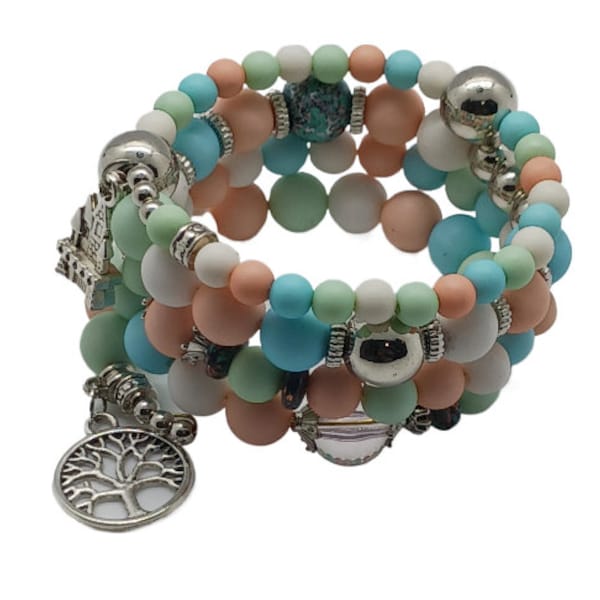 Handmade Multi-Colored Pastel Accent Beaded Coil Bracelet