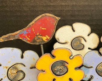 Group of Six Metal Decorative Repurposed Rustic Flowers -plus BONUS Bird—Next Day Free Shipping
