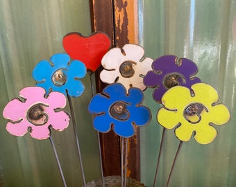 Group of Six Metal Decorative Repurposed Rustic Flowers -plus BONUS Heart—Next Day Free Shipping