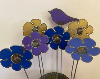Group of Six Metal Decorative Repurposed Rustic Flowers -plus BONUS Bird—Next Day Free Shipping