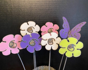 Group of Six Metal Decorative Repurposed Rustic Flowers -plus BONUS Butterfly —Next Day Free Shipping