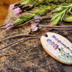Hand-Crafted Lavender Ceramic Diffuser Pendant, Fluorite Accent, Adjustable Cord Necklace