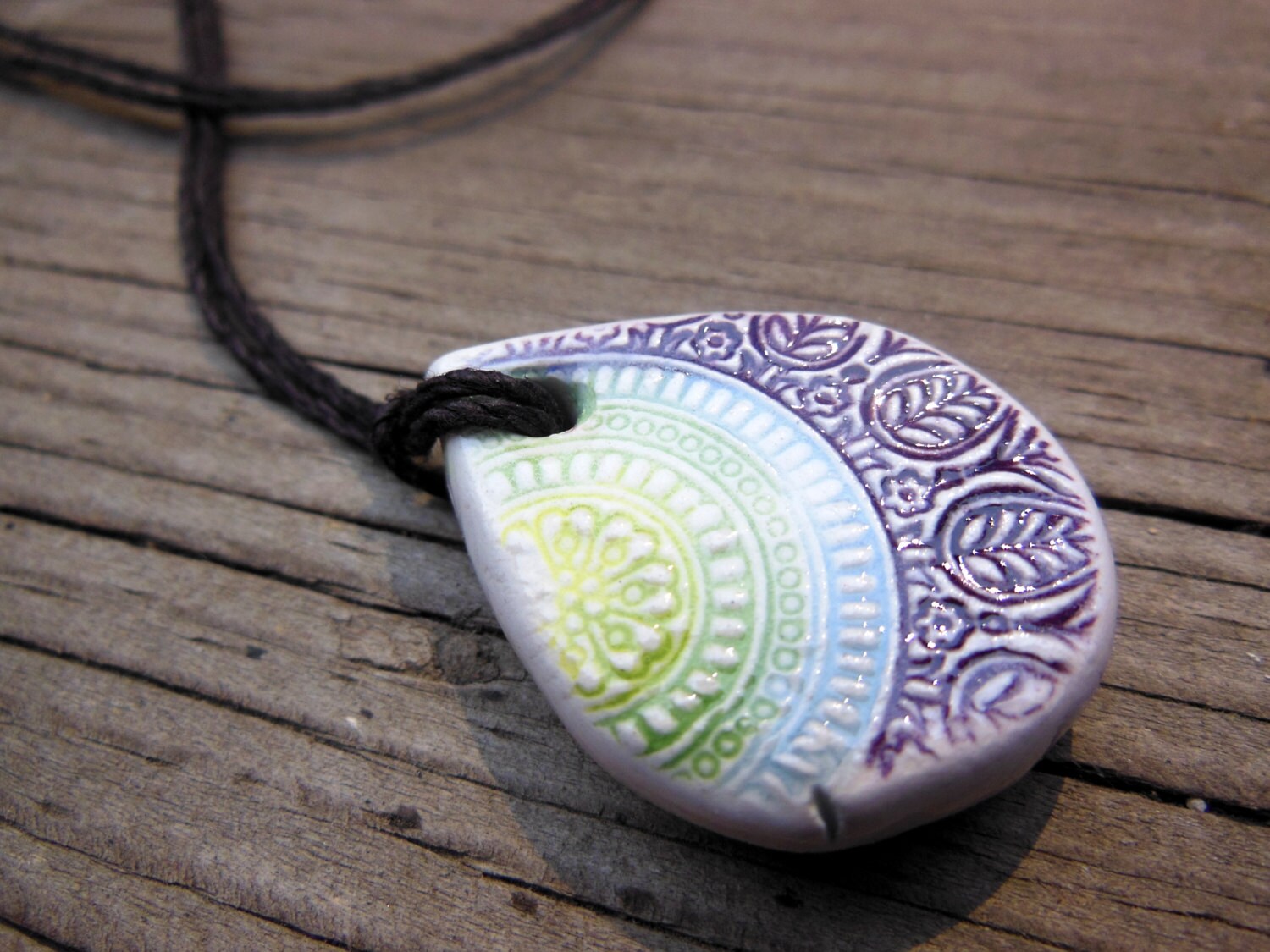 Rainbow Mandala Essential Oil Diffuser Necklace, Textured Teardrop Sh…