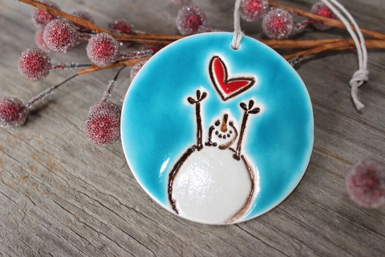Handmade Snowman with Heart Ceramic Christmas Ornament | Etsy