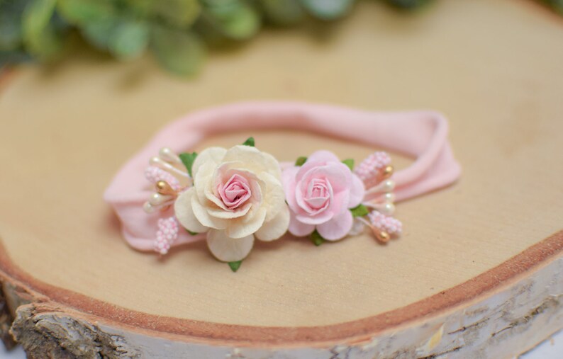 newborn headband tieback flower crown baby flower crown Skinny Nylon Headband baby photo prop ecru blush pink Baby flower headband