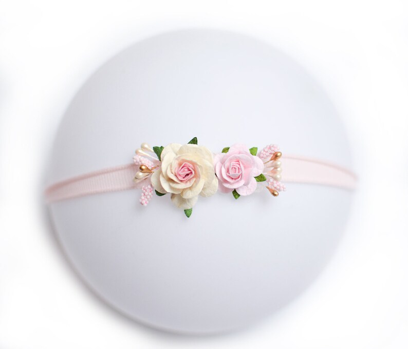 newborn headband tieback flower crown baby flower crown Skinny Nylon Headband baby photo prop ecru blush pink Baby flower headband
