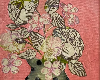 peinture de fleurs-Un collage de fleurs dans un vase peint