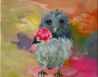 Bird painting -Annie owl, cottage decor,Spring bird,Owl, acrylic painting