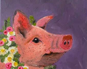 Pig Painting - Dorothy ,acrylic painting, Family farm pig, friendship gift, cottage decor, charming home decor, nature painting, shabby chic