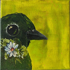 Hunter Green Bird Acrylic Painting, Cottagecore Home Decor, 6x6