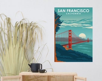 May include: A vintage-style poster featuring the Golden Gate Bridge in San Francisco, California. The poster has a blue and green color scheme with a red bridge and a white sun.