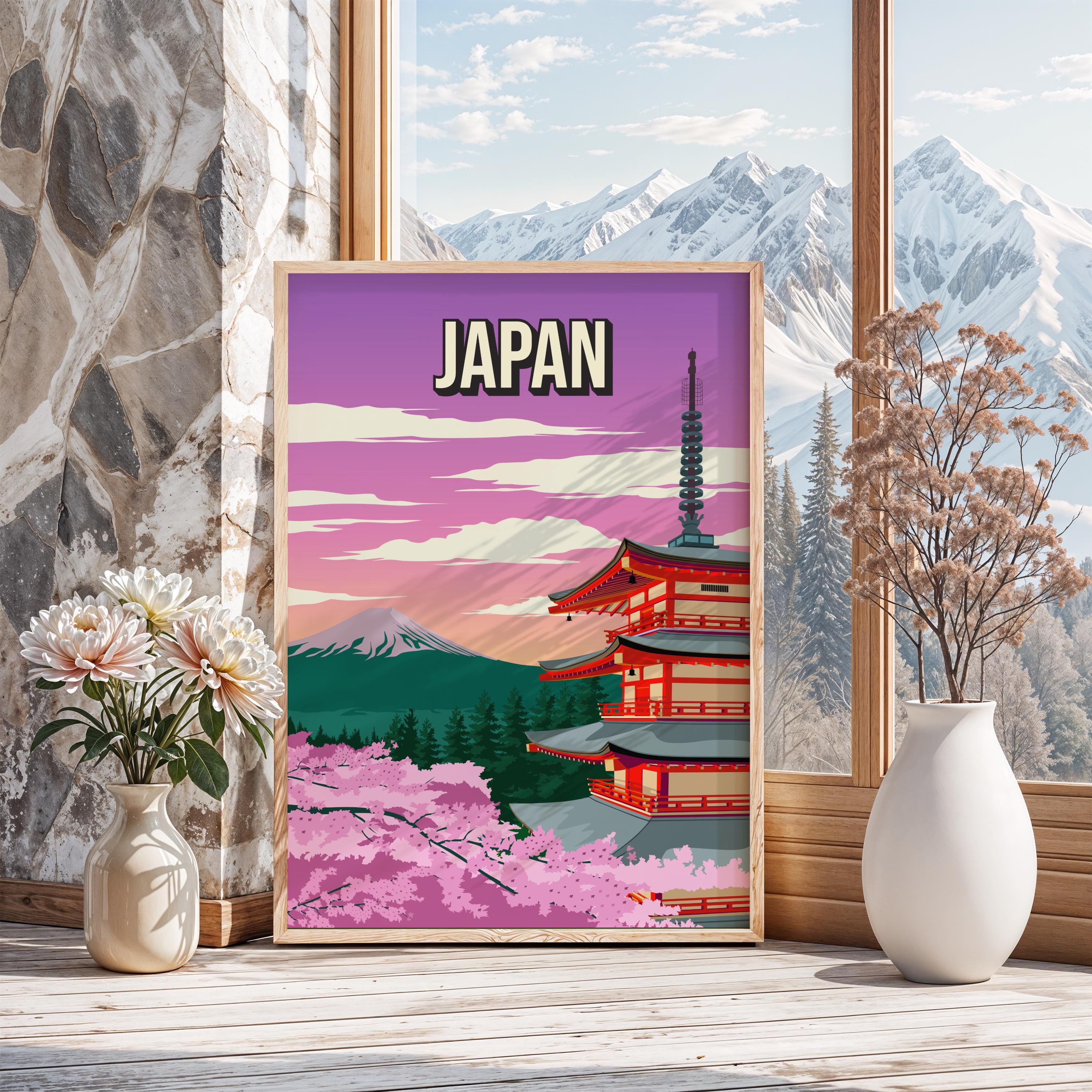 Japan Poster | Vintage Mount Fuji Print | Chureito Pagoda Wall Art ...