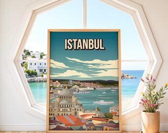 Póster de Estambul, Turquía | Arte mural vintage del Bósforo | Impresión retro de una mezquita turca | Póster de viaje de Constantinopla | Decoración del Cuerno de Oro
