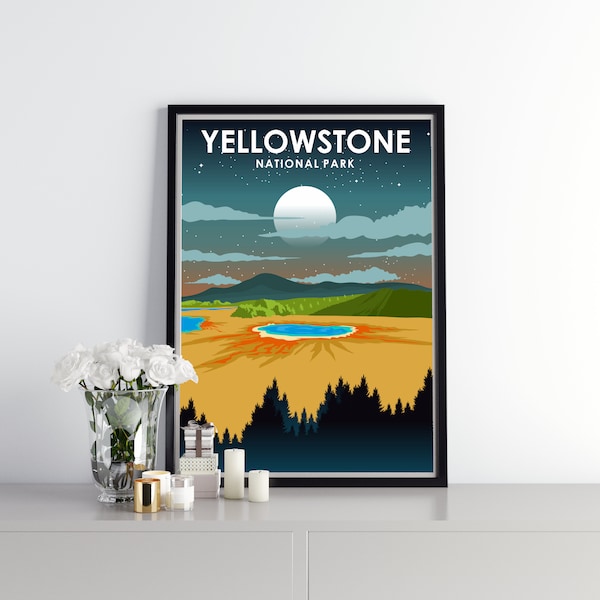 Yellowstone National Park at Night Vintage Minimal Travel Poster