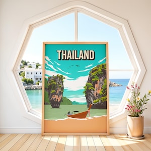 Thailand Poster | Vintage James Bond Island Print | Phang Nga Bay Wall Art | Retro Thai Long Tail Boat Decor | Tropical Travel Poster