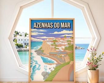 Azenhas do Mar Print - Portugal Travel Poster, Coastal Wall Art, Portuguese Home Decor, Cliffside Village Art, Hand-Drawn Giclée Print