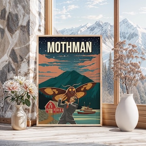 Mothman Cryptid Retro Travel Poster – Crypto zoology Attack in Night Sky