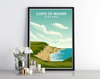 May include: A vintage-style poster with a scenic view of the Cliffs of Moher in Ireland. The poster features a green hillside, a dramatic cliff face, and a blue ocean with white waves. The sky is blue with white clouds. The text "Cliffs of Moher, Ireland" is printed in white at the top of the poster.