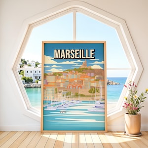 Marseille Frankreich Poster | Vintage französische Riviera-Kunst | Retro Alter Hafen Druck | Notre Dame de la Garde Wanddekoration | Reiseplakat