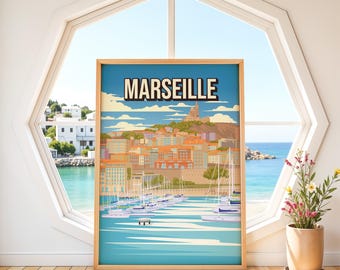 Marseille Frankreich Poster | Vintage französische Riviera-Kunst | Retro Alter Hafen Druck | Notre Dame de la Garde Wanddekoration | Reiseplakat