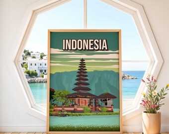 Indonesia Poster | Vintage Bali Temple Print | Pura Ulun Danu Beratan Wall Art | Retro Balinese Decor | Lake Bratan Travel Poster