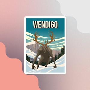 Cartel de viaje retro vintage de criptozoología críptica de Wendigo Pegatina