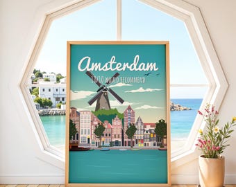 Amsterdam Holland Poster | Dutch Windmill Wall Art | Canal House Print | Netherlands Travel Gift | Retro 10/10 Recommend Europe Decor