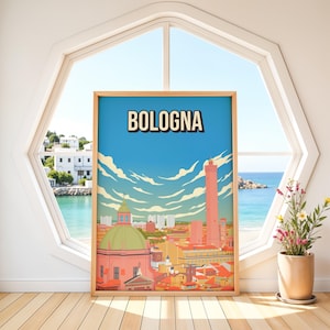 Op de afbeelding: Een ingelijste kunstprint met het woord "BOLOGNA" bovenaan. Het kunstwerk toont een kleurrijk stadsbeeld onder een blauwe lucht met wolken. Een hoge, roze toren is een prominent kenmerk. De print wordt tentoongesteld bij een raam met uitzicht op de zee.