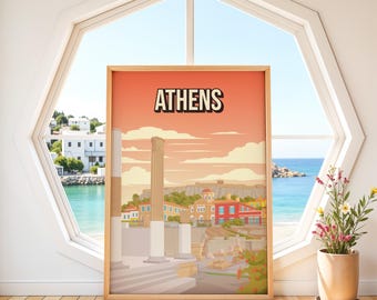 Poster di Atene, Grecia | Arte murale greca vintage | Stampa retrò dell'Acropoli | Decorazione dell'antica Grecia | Poster di viaggio del Partenone | Regalo mitologico